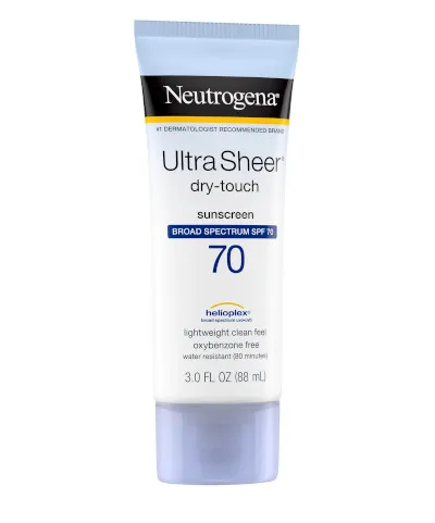 A close second in the La Roche Posay vs Neutrogena sunscreen comparison, the Neutrogena Ultra Sheer Dry-Touch SPF 70 Sunscreen Lotion.