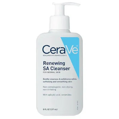 Renewing SA Cleanser by CeraVe, salicylic acid foaming gel cleanser for smooth skin.