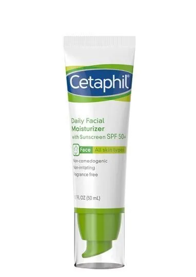 Daily Facial Moisturizer with Sunscreen SPF 50+ by Cetaphil, light-weight moisturiser with SPF50+ to help protect against the daily effects of sunlight.