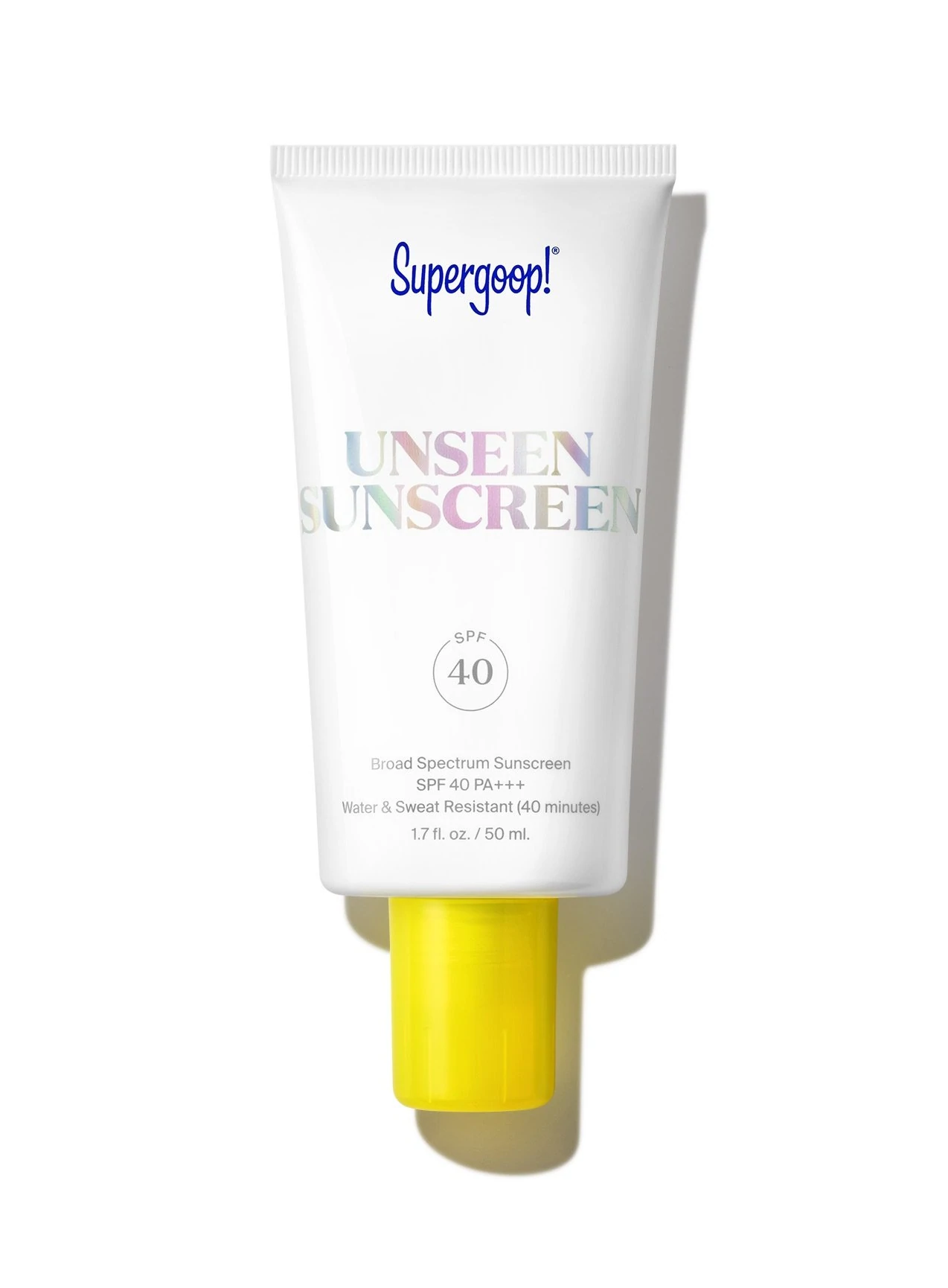 Unseen Sunscreen by Supergoop, the original, totally invisible, weightless, scentless sunscreen with SPF 40 that leaves a velvety finish.